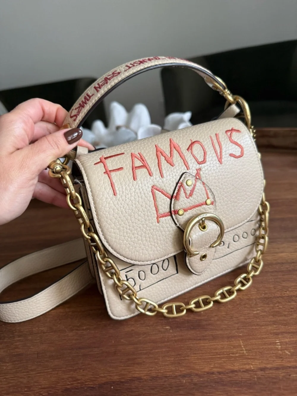 COACH X BASQUIAT Cream Leather Crossbody Bag with Gold Chain - Picture 2 of 6